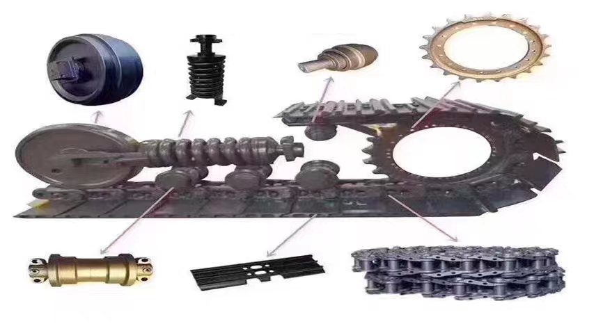 Shelves of excavator spare parts at the Guangzhou warehouse
